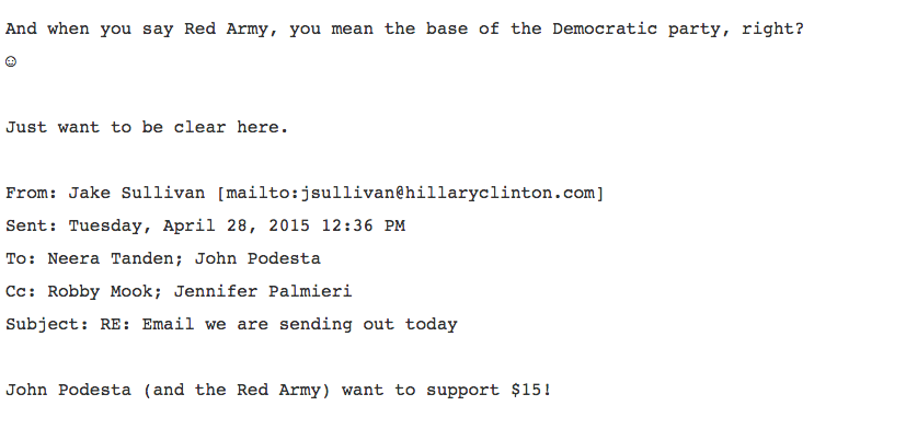 Email chain with campaign advisors Jake Sullivan and Neera Tanden about a progressive agenda, including increasing minimum wage. (Photo from WikiLeaks)
